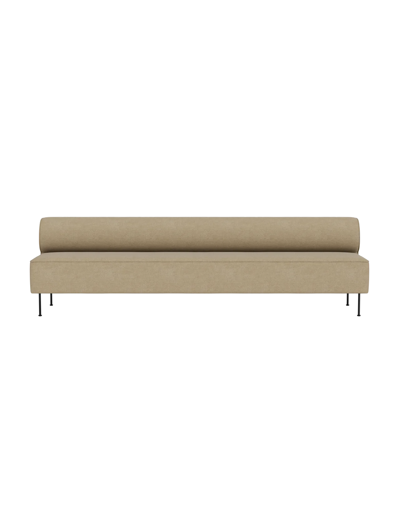 A front view of the Eave Dining Sofa in light beige Audo Bouclé 02 fabric, featuring a rounded backrest and thin black legs.