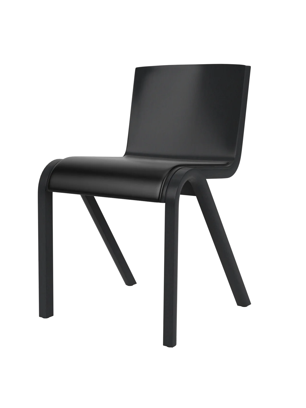 A three-quarter view of the Ready Dining Chair. It has a black painted oak frame and a seat upholstered in dark material.