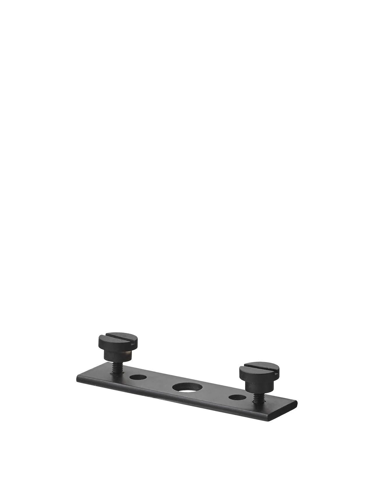 A black metal mounting plate with two thumbscrews, a spare part for the Warren Wall Lamp.