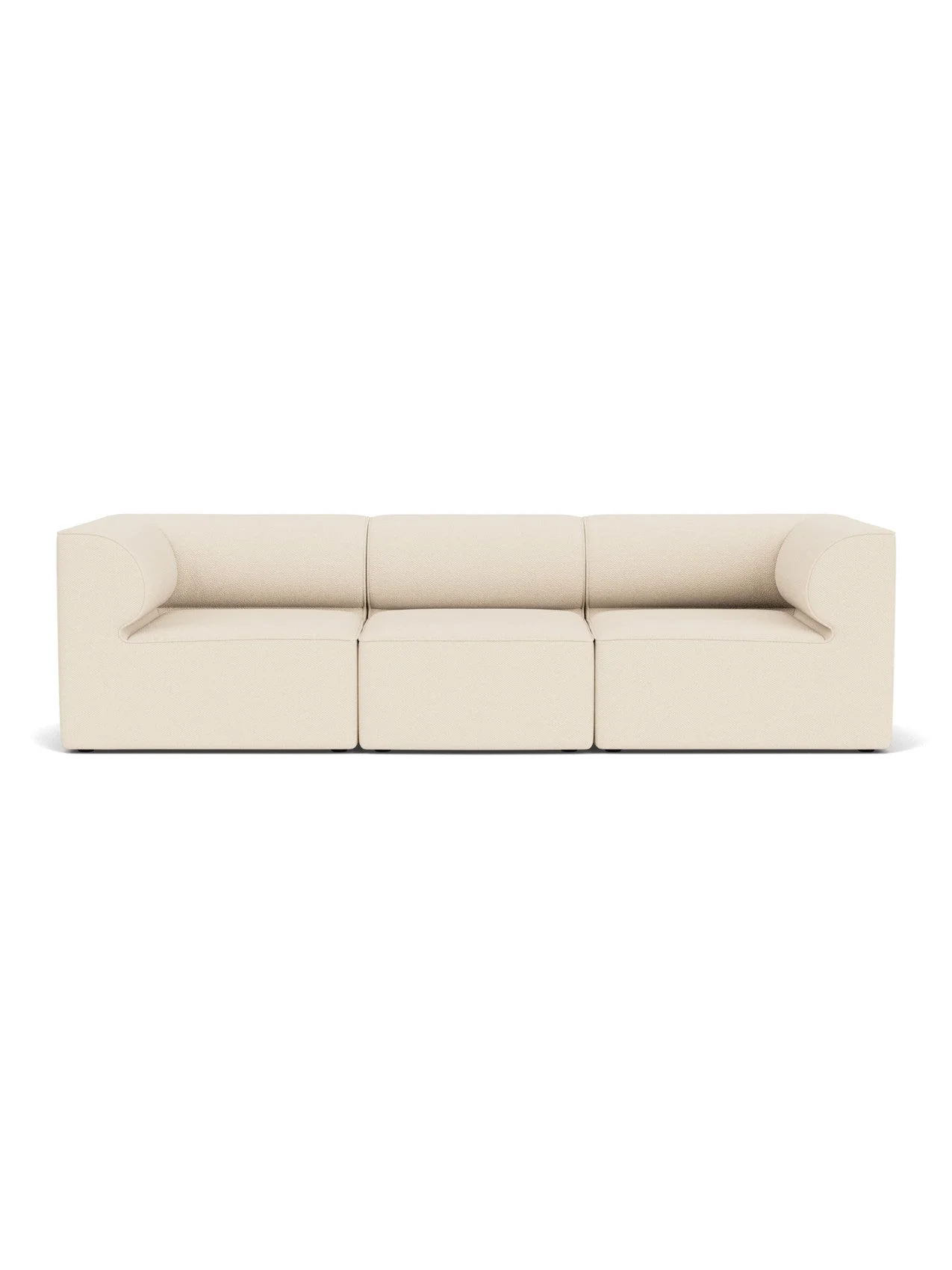 A front-on shot of the Eave Modular Sofa, 96, 3-Seater, Configuration 2, upholstered in a light cream Logan Jasmine fabric.