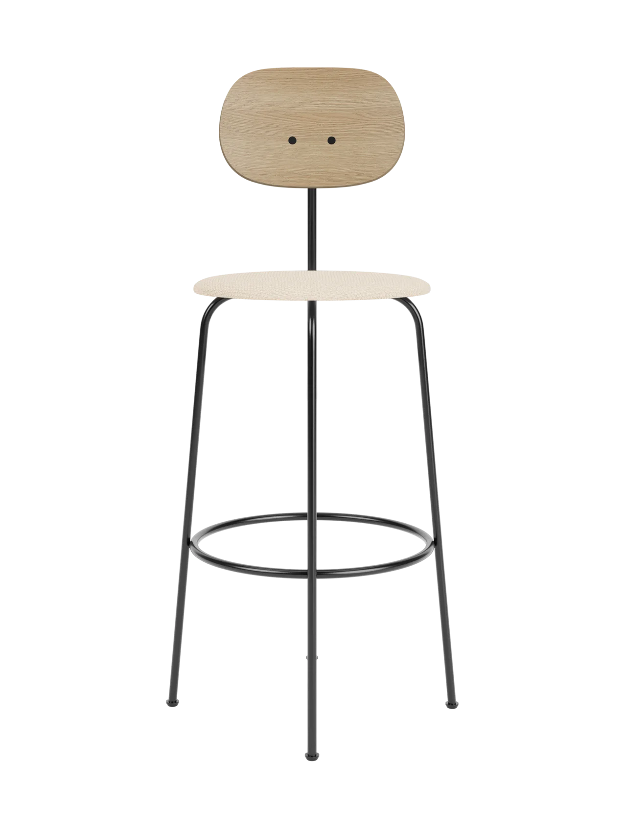 Afteroom Bar Chair Plus with natural oak backrest and Logan Jasmine upholstered seat on a slender black steel frame.