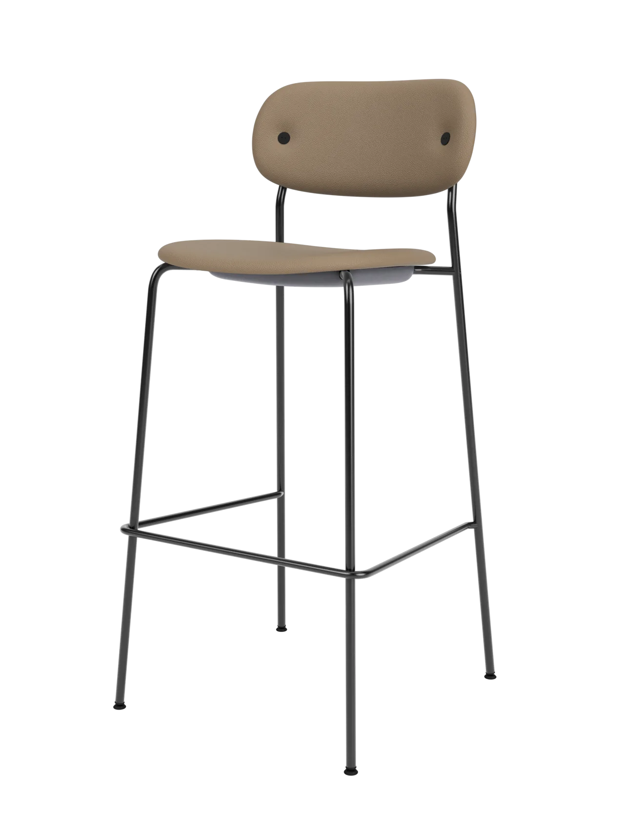 Fully upholstered Co Bar Chair in Sierra 1611 tan leather with a minimalist black tubular steel frame and footrest.