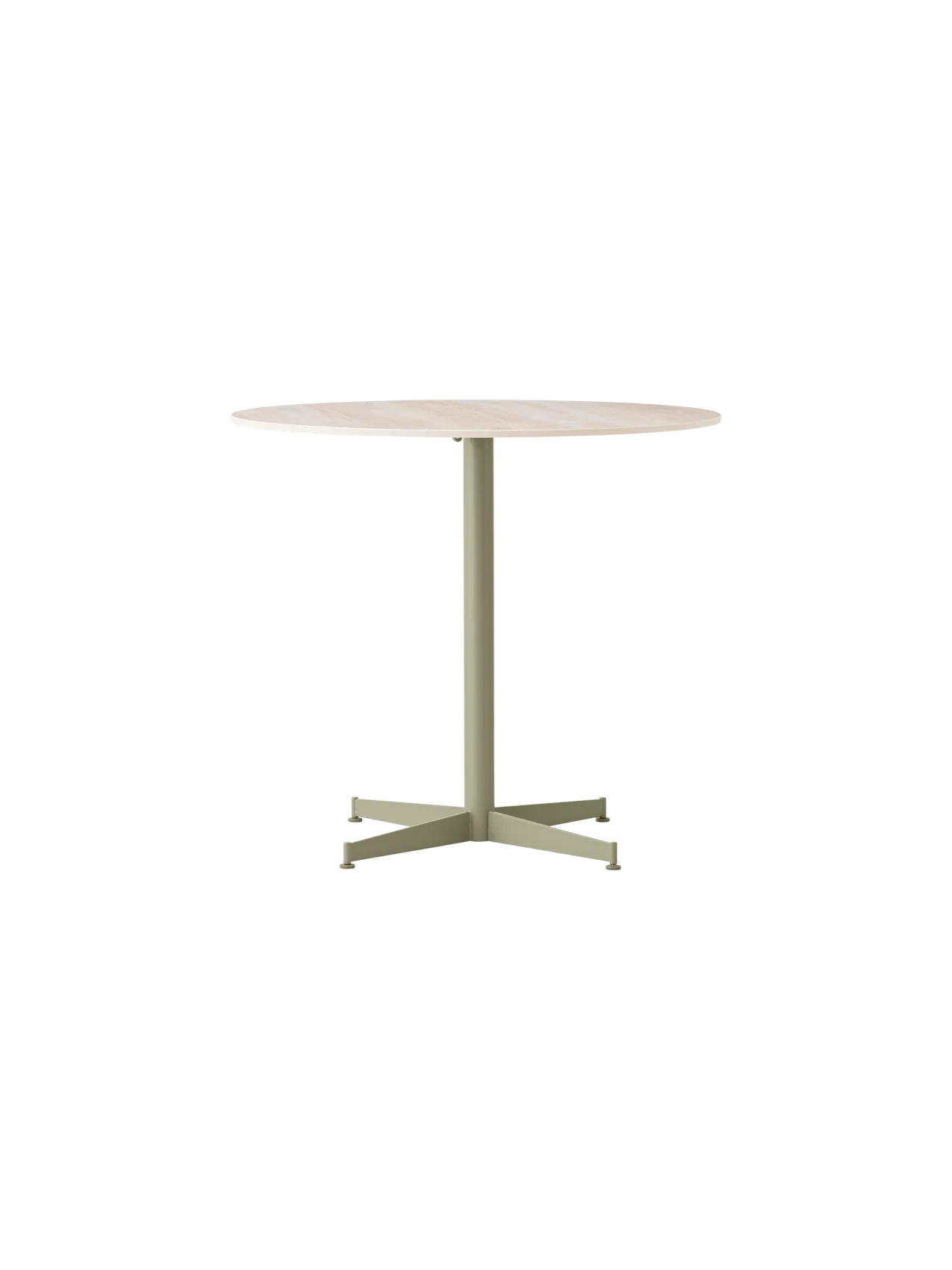 Front view of the Nook Dining Table, featuring a round, light-coloured marble top and a slim, olive-coloured four-star base.