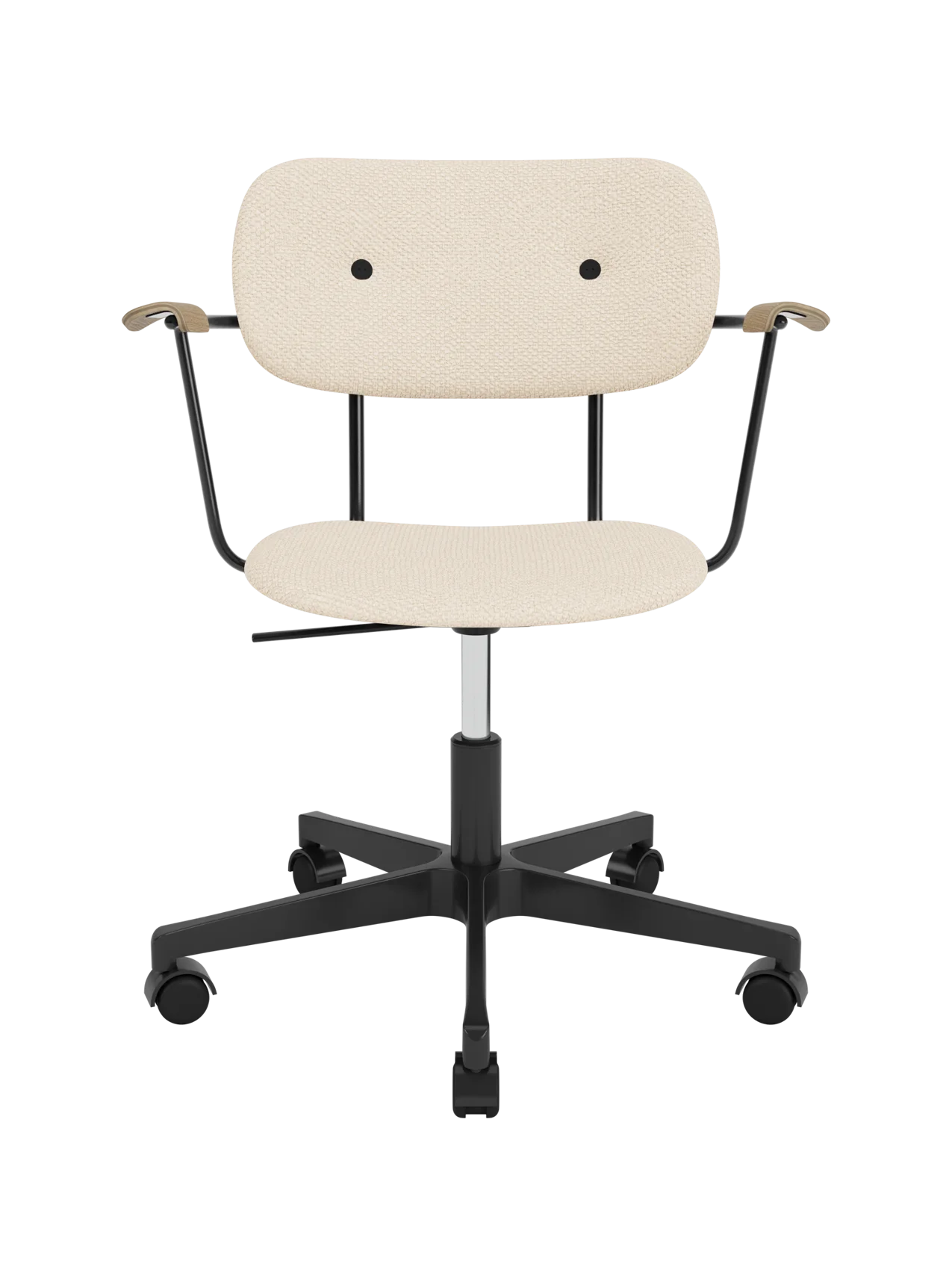 Co Task Chair in Logan Jasmine fabric with natural oak armrests and a black five-star swivel base with casters.
