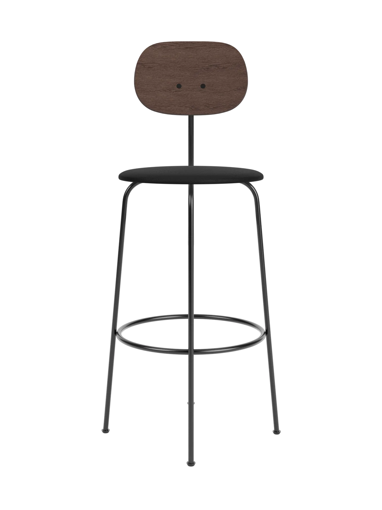 Afteroom Bar Chair Plus with dark stained oak backrest and black upholstered seat on a slender black metal frame.
