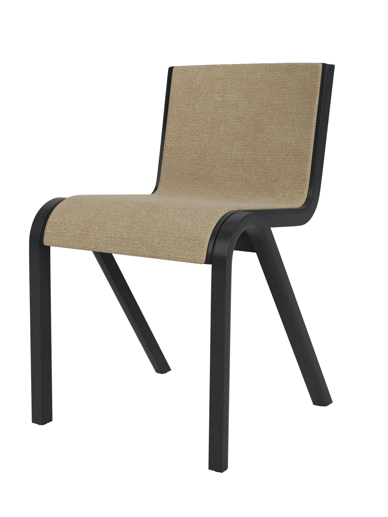 Ready Dining Chair, Front Upholstered in black painted oak with beige Audo Bouclé 02 fabric on a white background.
