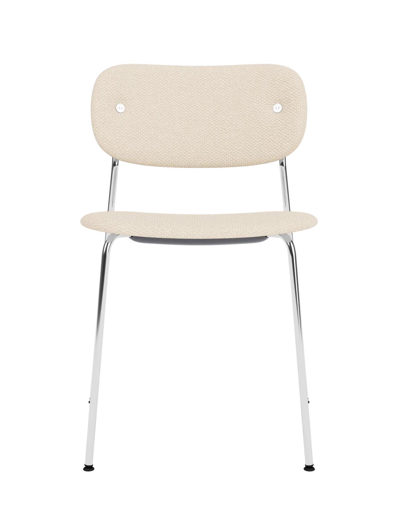 Fully upholstered Co Dining Chair in Logan Jasmine fabric with a minimalist chrome frame and curved backrest.