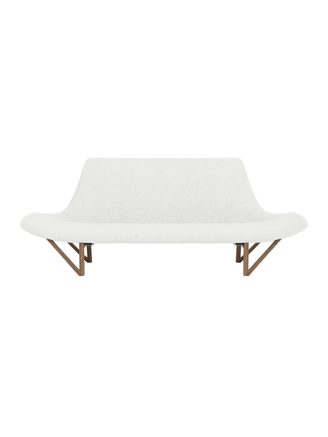 Front view of the Pagode Sofa with light grey Hallingdal 110 upholstery and walnut frame with distinctive V-shaped legs.