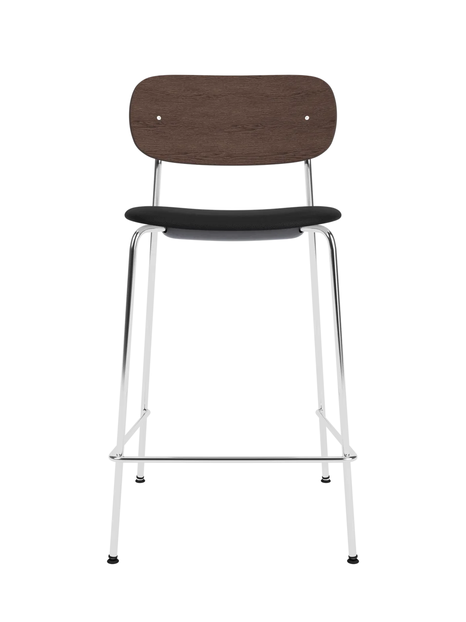 Co Counter Chair with a chrome frame, dark stained oak back, and Sierra 1001 upholstered seat against a black background.