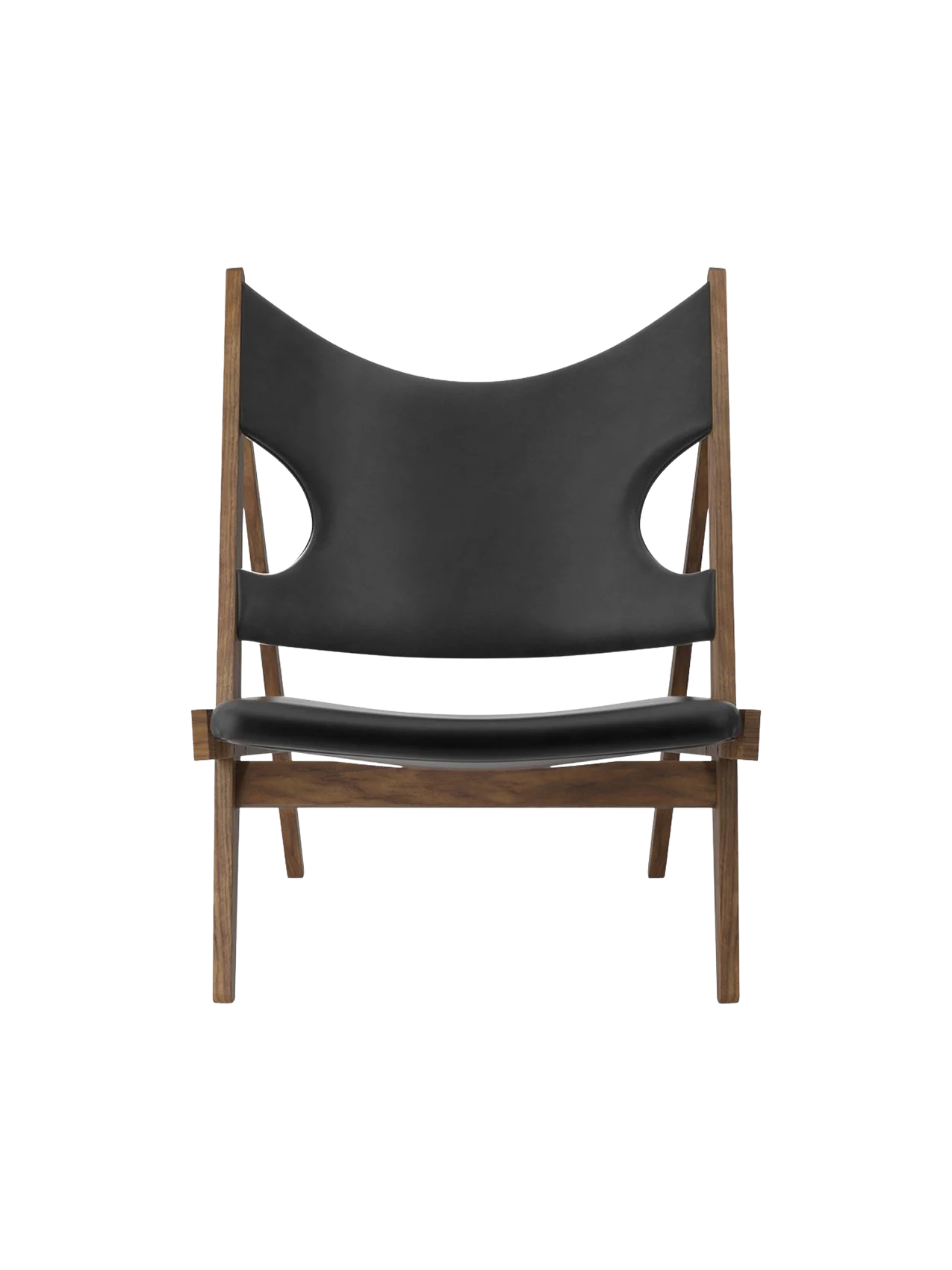 Knitting Lounge Chair shown from the front, with a walnut frame and black leather featuring signature cut-outs.