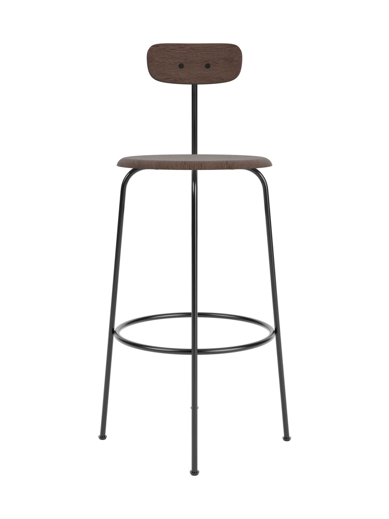 A front view of the Afteroom Bar Chair, Veneer, in dark stained oak with a slim, black powder-coated steel frame.