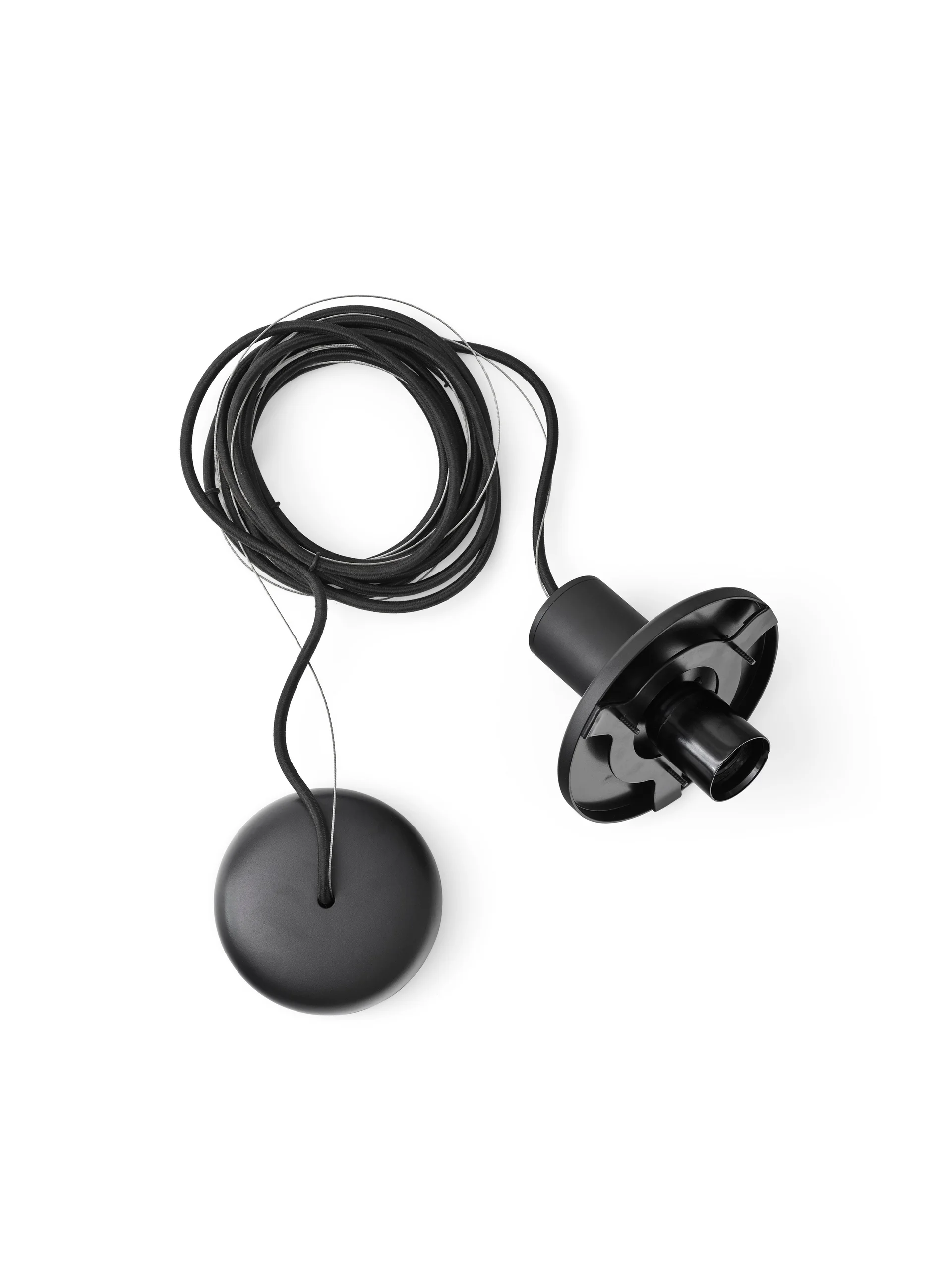 The Bank Pendant Fitting in black, showing the lamp holder, coiled fabric cord, and ceiling rose against a white background.