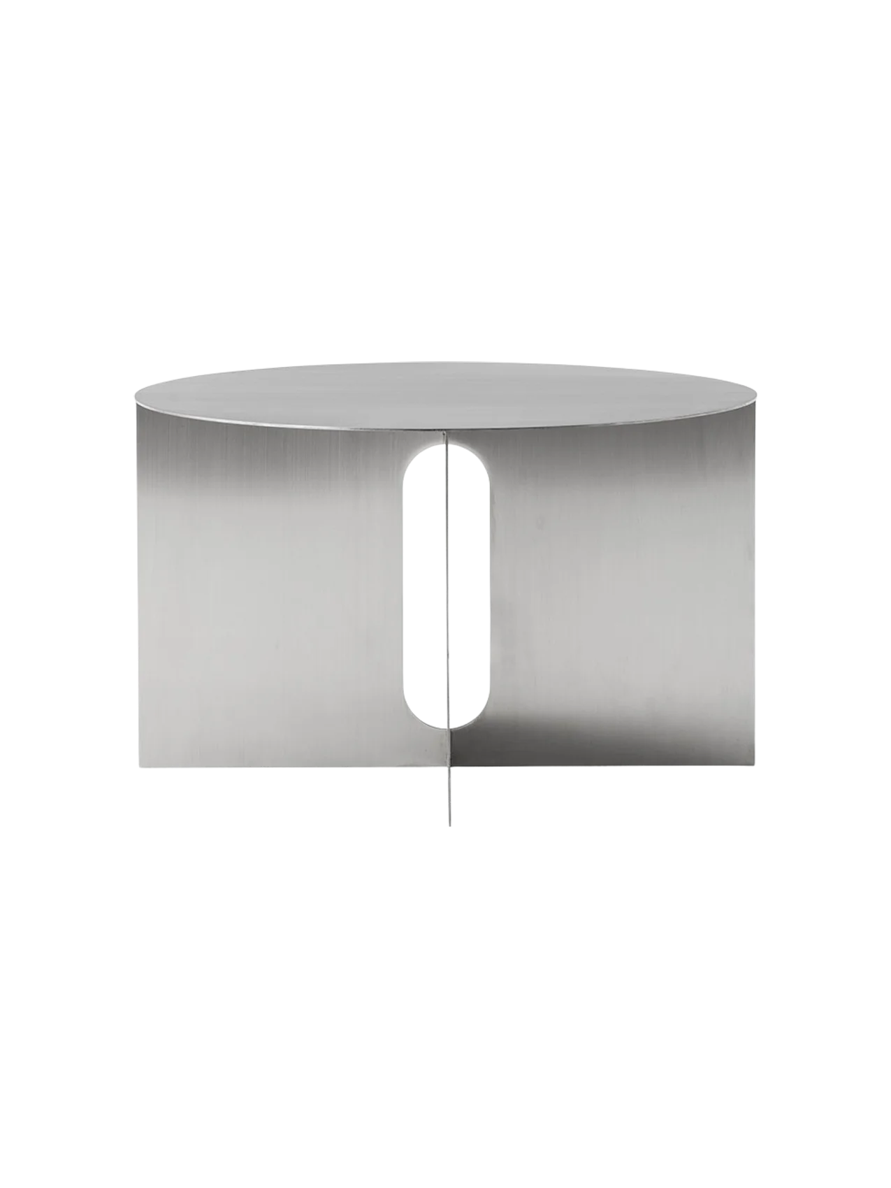 Front-on view of the Androgyne Side Table Ø63 base in brushed steel, featuring a cylindrical shape with a pill-shaped cutout.