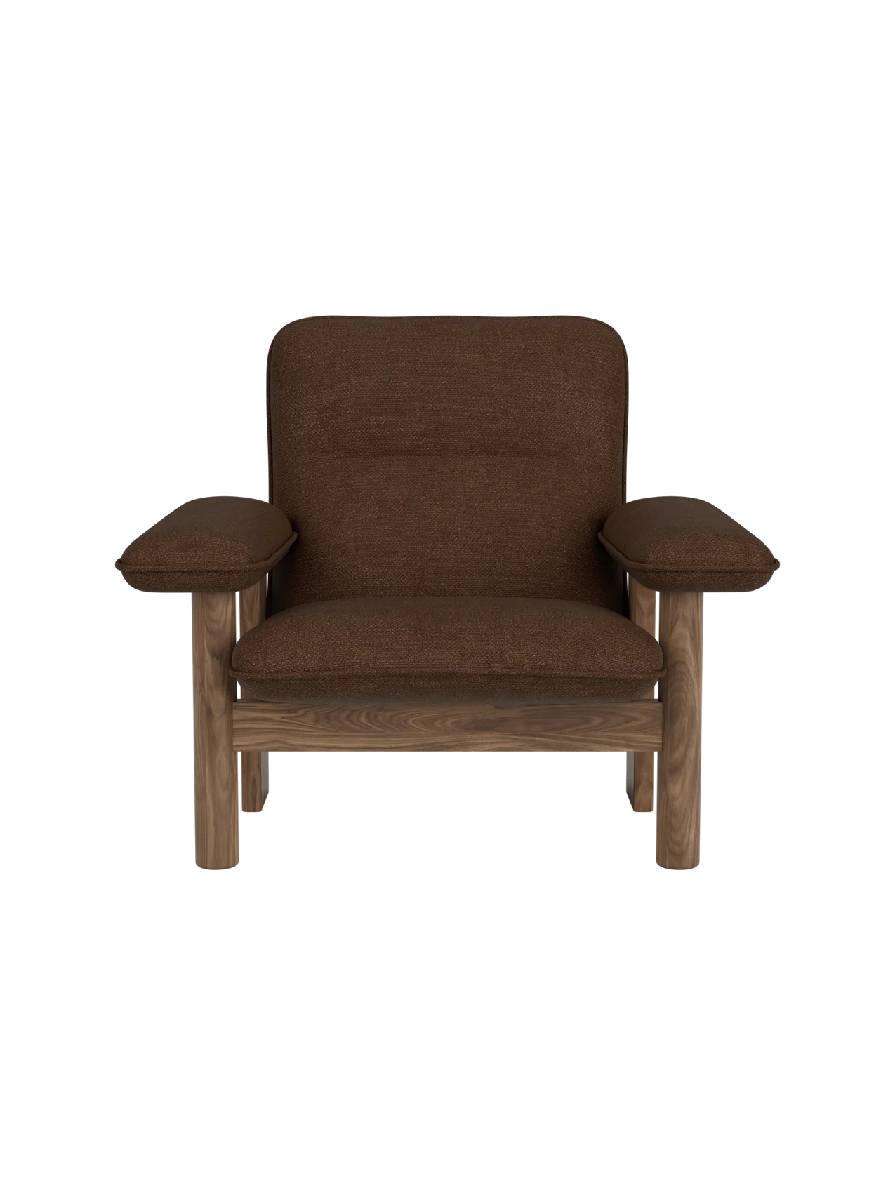 Brasilia Lounge Chair in brown Bouclé 07 textile with a solid walnut frame, featuring wide armrests and a plush seat.