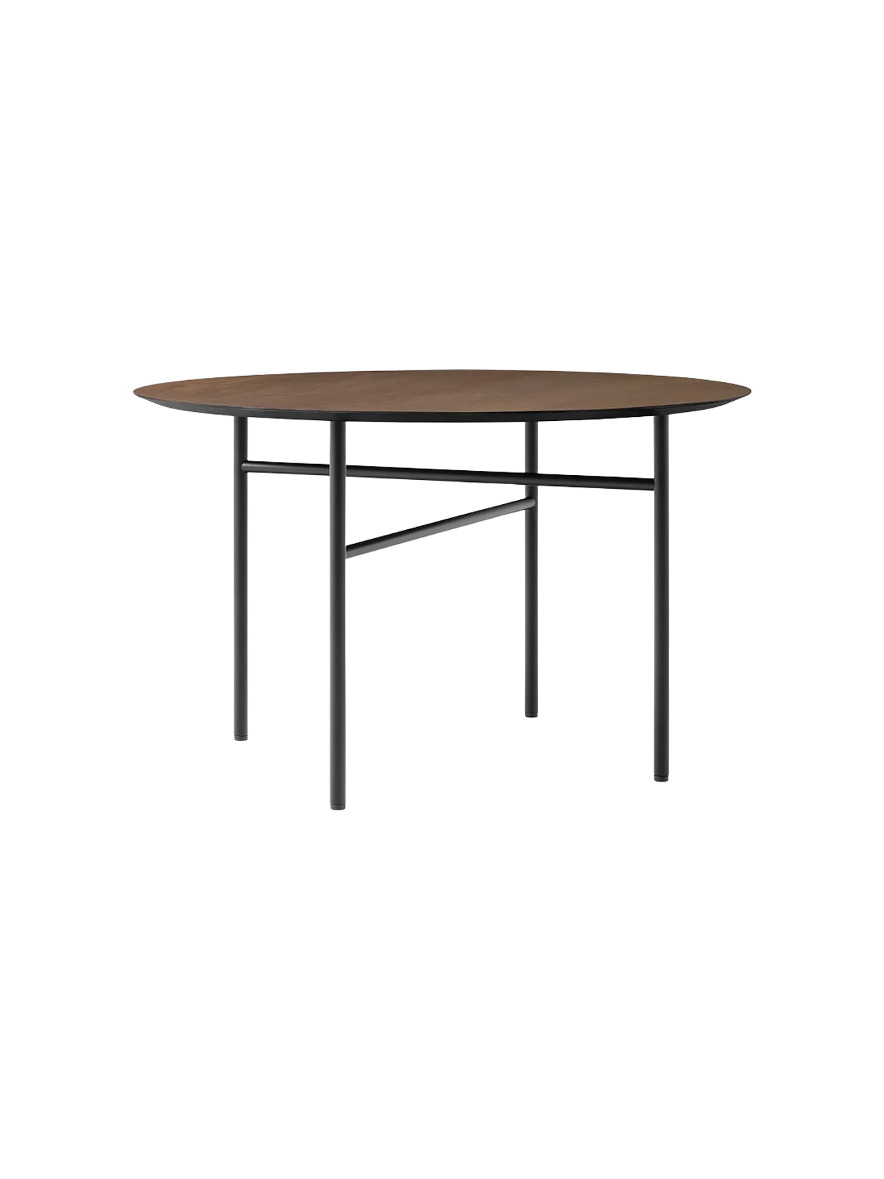 An angled view of the Snaregade Dining Table, Round, featuring a dark stained oak top and a geometric black steel base.