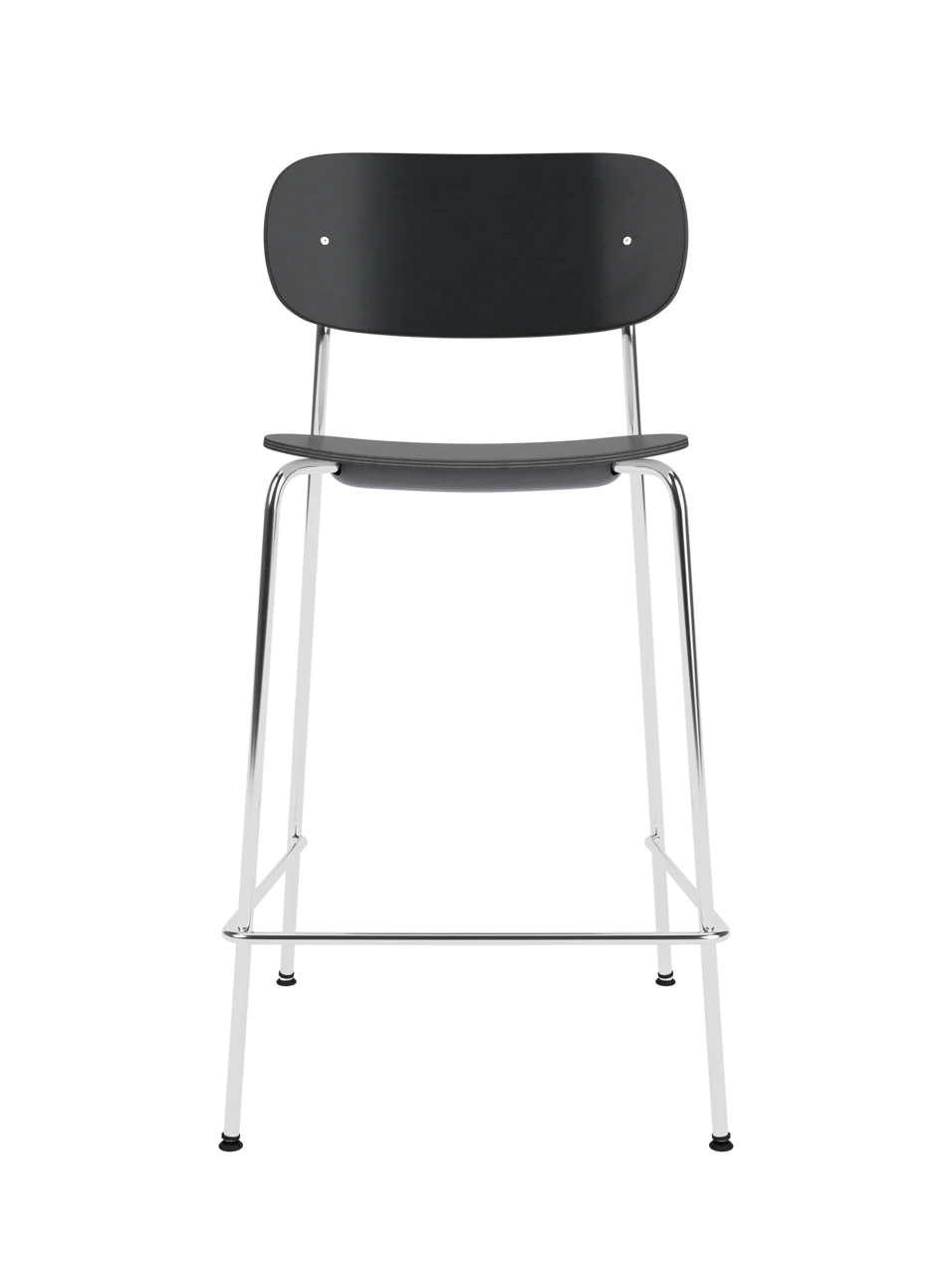 Co Counter Chair in black painted oak veneer with a chrome steel frame shown against a black background.