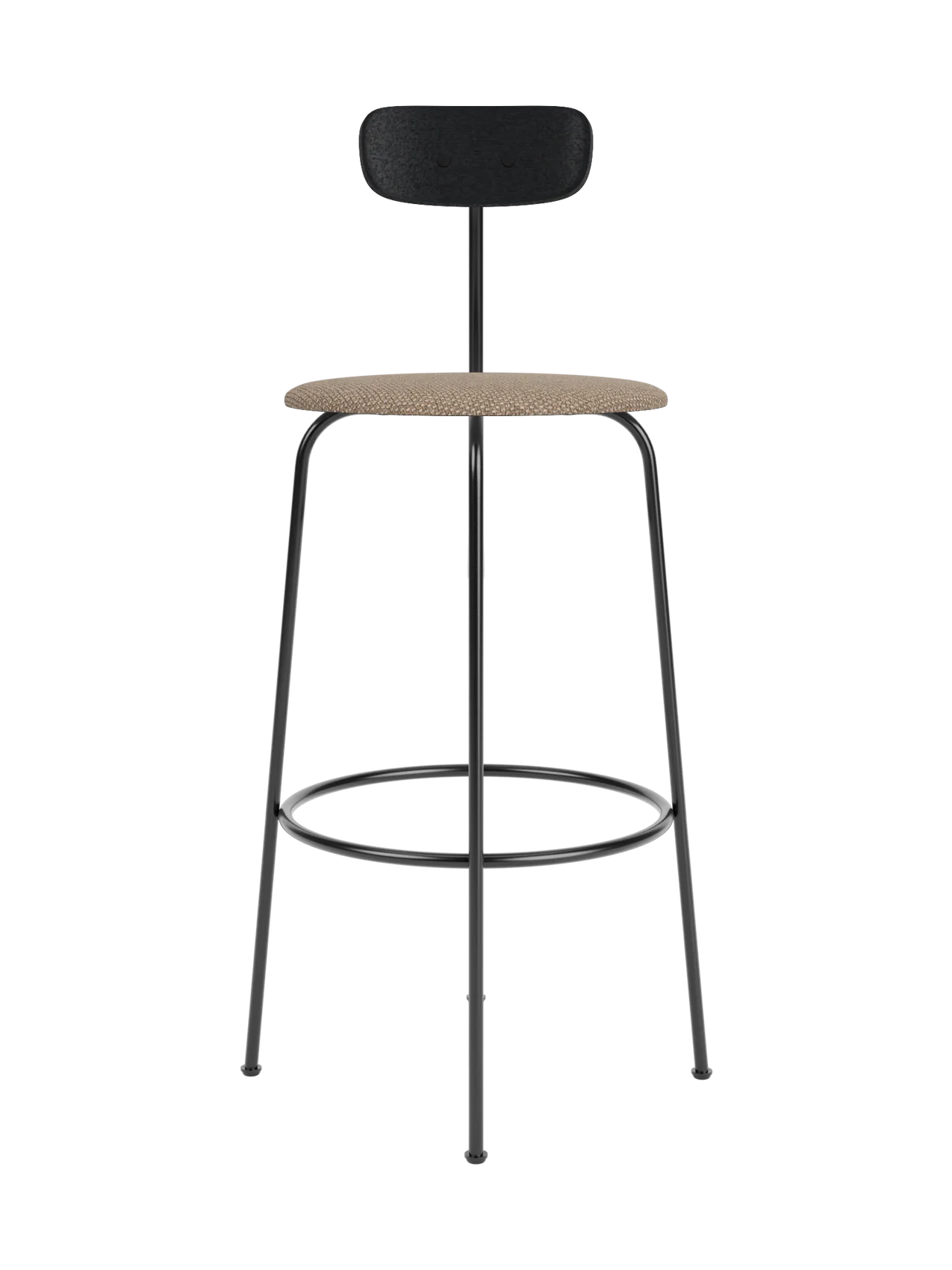 Afteroom Bar Chair with a black painted oak backrest and Logan Flint upholstered seat on a black powder-coated steel frame.
