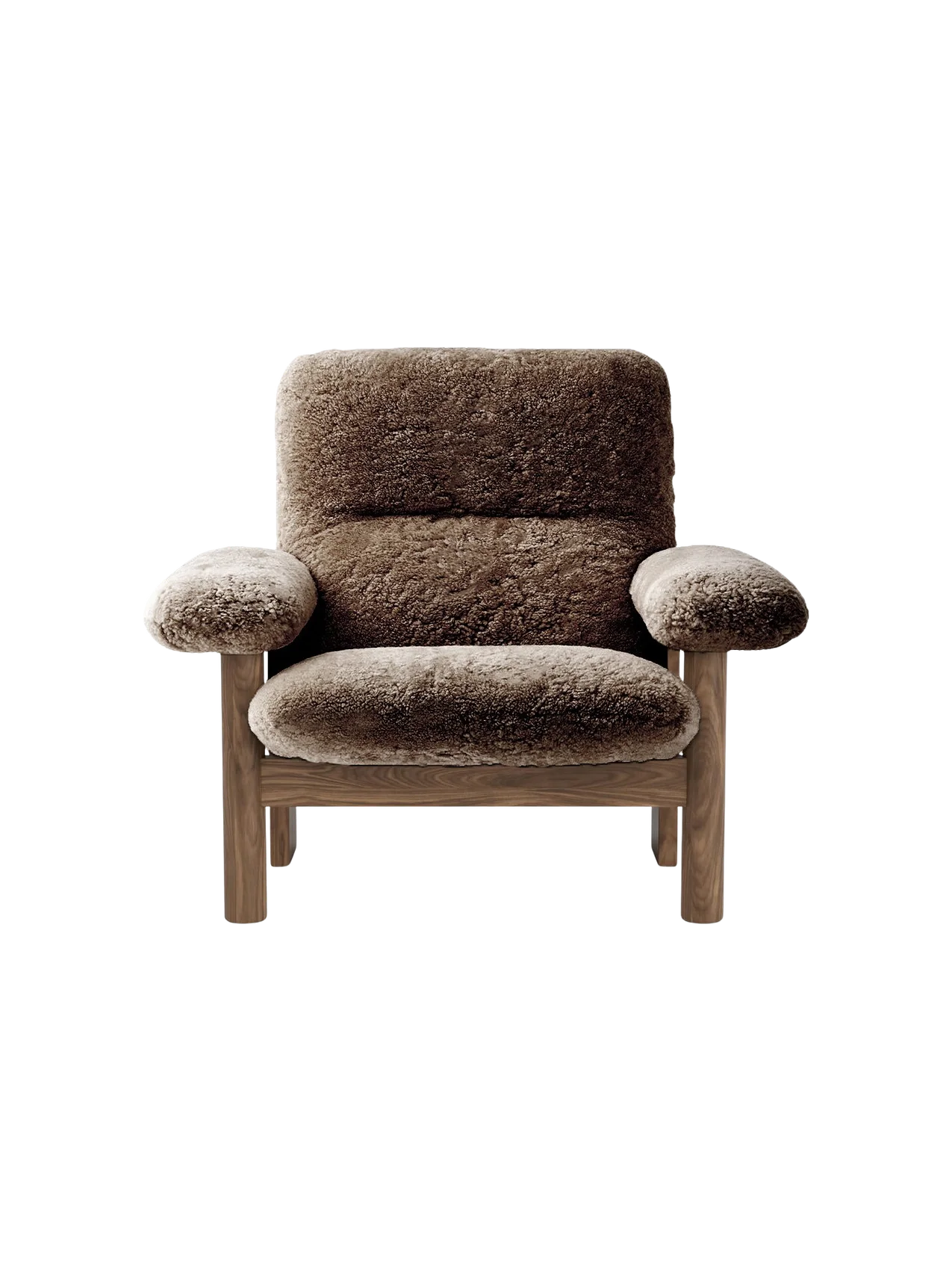 The Brasilia Lounge Chair, High Back, shown front-on. It has a dark wood frame and is upholstered in plush, brown sheepskin.