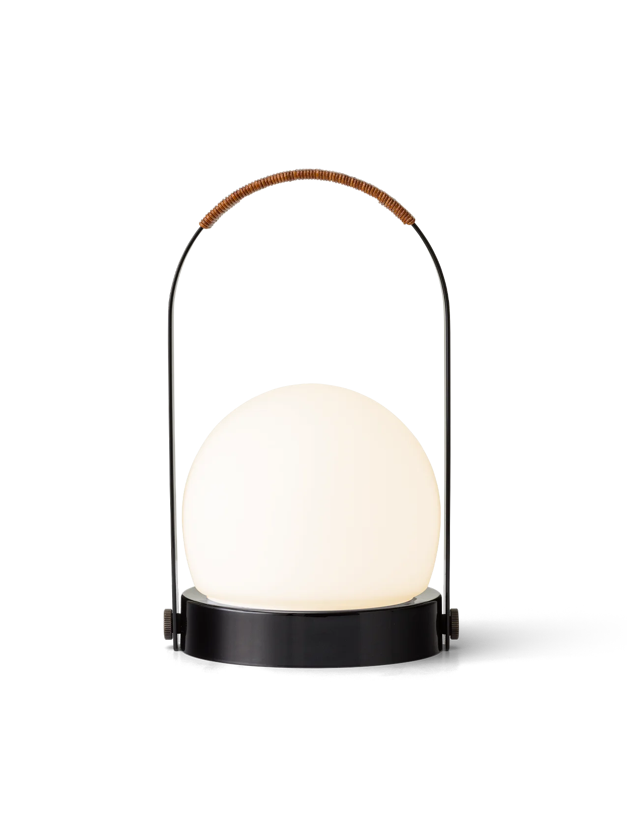 Carrie Portable Lamp featuring a glowing opal glass shade and black arched handle with a brown leather cord detail.