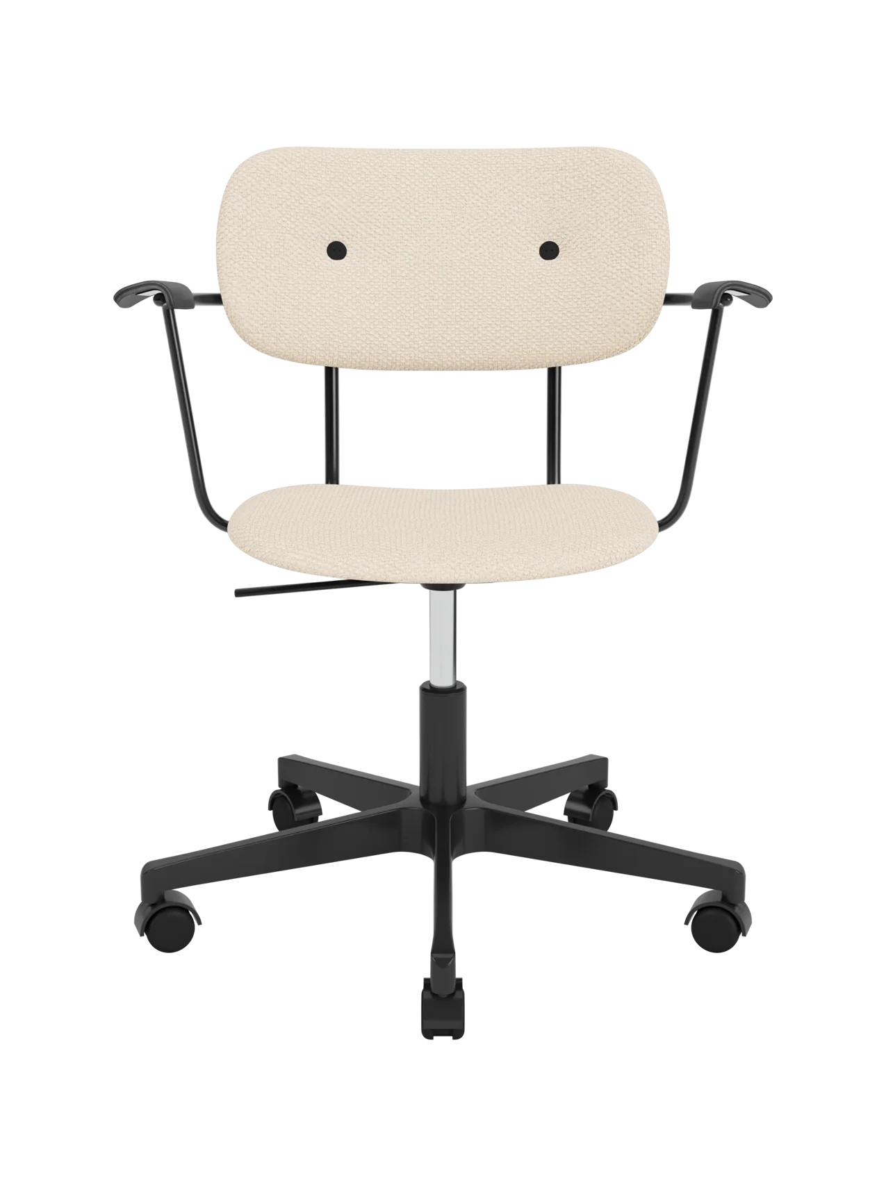 Fully upholstered Co Task Chair in Logan Jasmin fabric with black oak armrests and a black five-star swivel base.