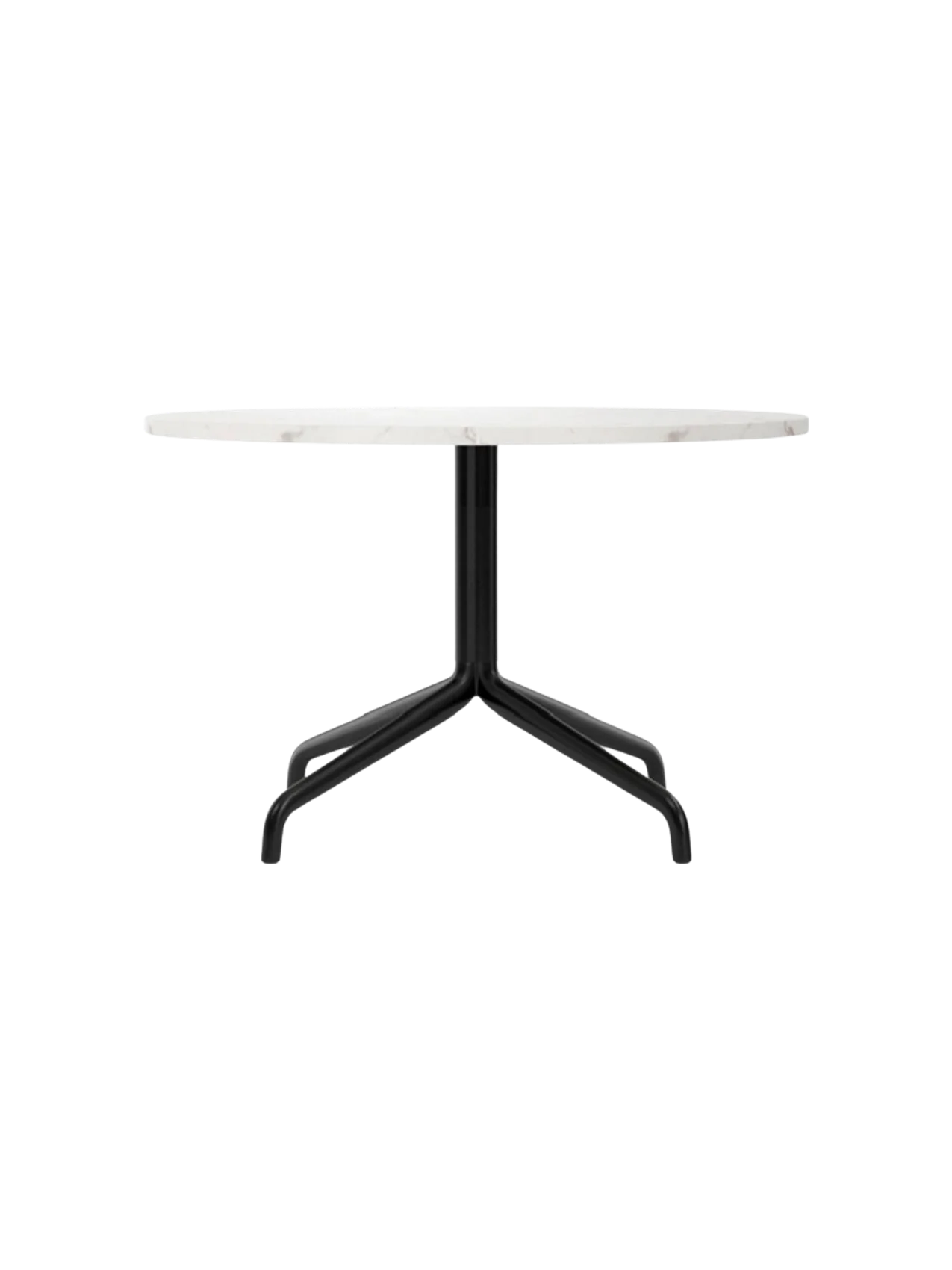 Harbour Column Lounge Table with a round white Estremoz marble top and a black star-shaped metal base, shown from the side.