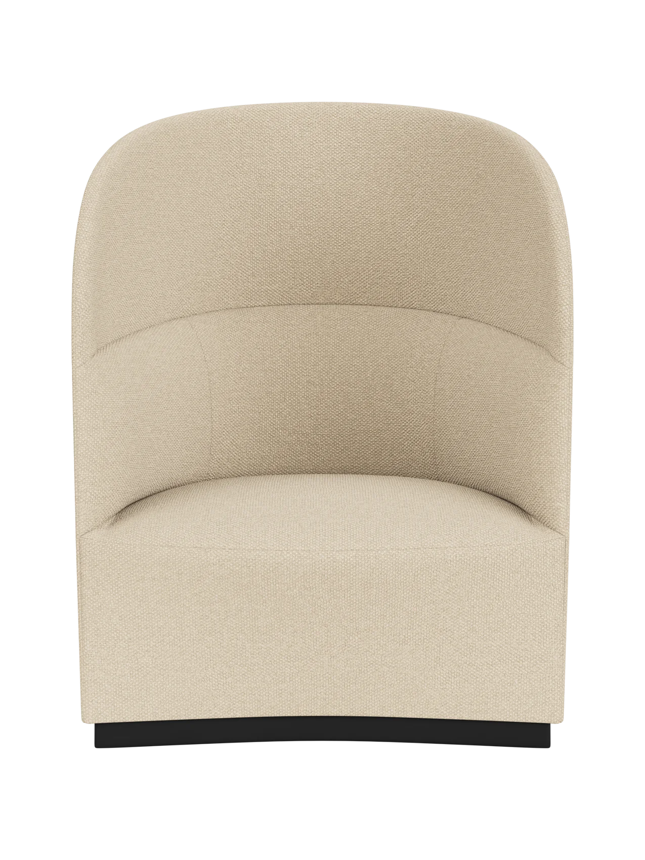 A front view of the Tearoom Lounge Chair, High Back, upholstered in textured Logan Sand fabric against a black background.