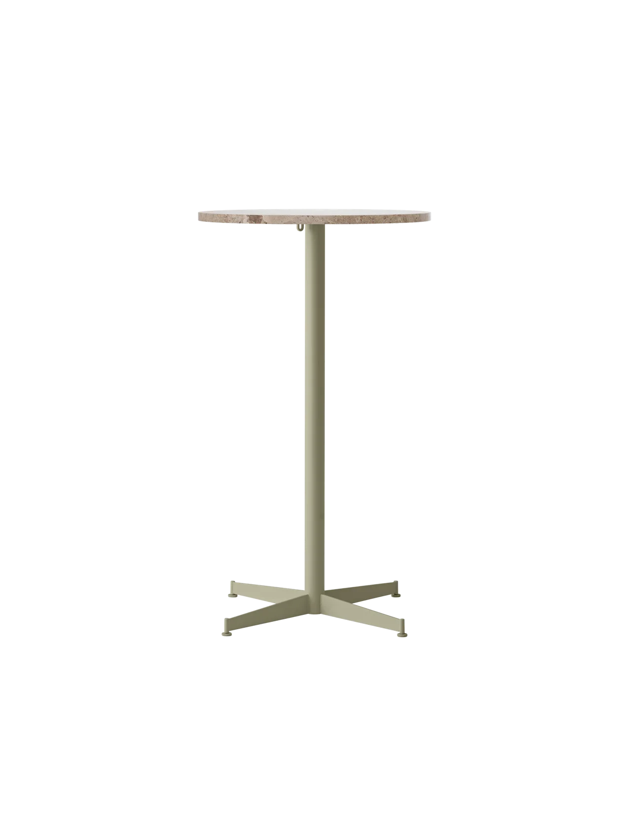 Front view of the Nook Bar Table featuring a round Kunis Breccia stone top on a slender olive green powder-coated steel base.