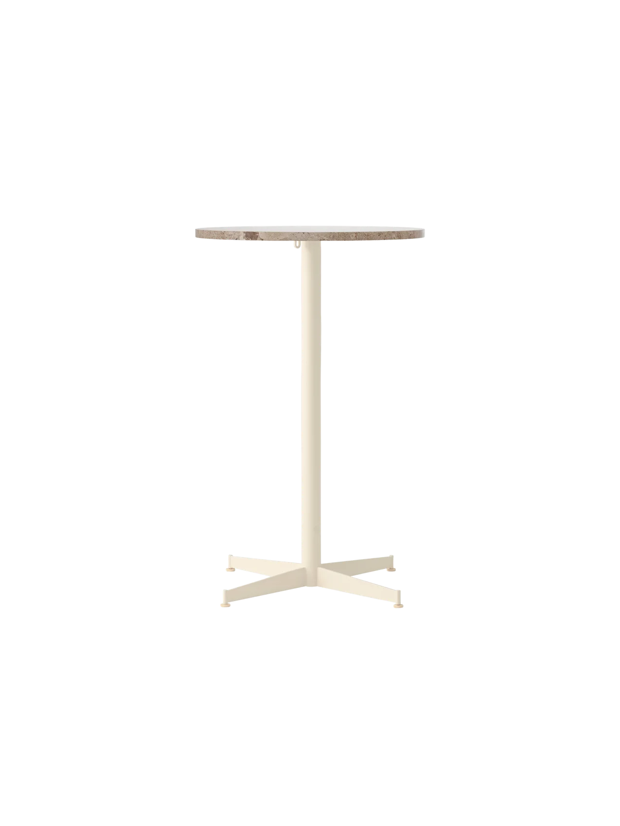 Front view of the Nook Counter Table, featuring a round Kunis Breccia stone top and a slender, four-legged ivory base.