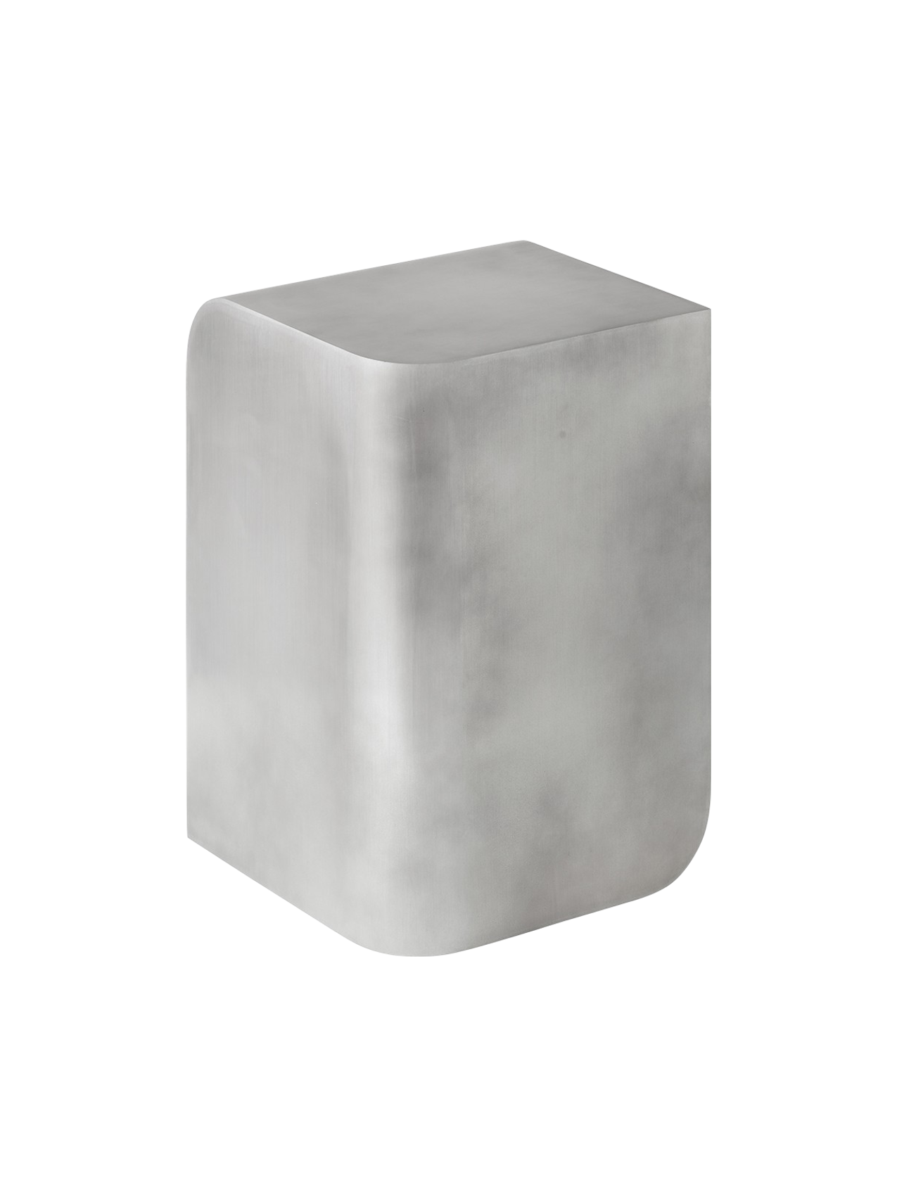 Angled view of the cube-shaped Volume Side Table in brushed aluminium with a polished sheen and soft, rounded corners.