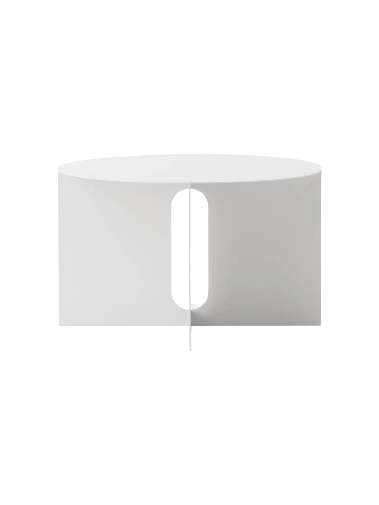 A front-on image of the Androgyne Side Table Ø63 base. The ivory-coloured metal base is cylindrical with a vertical cutout.