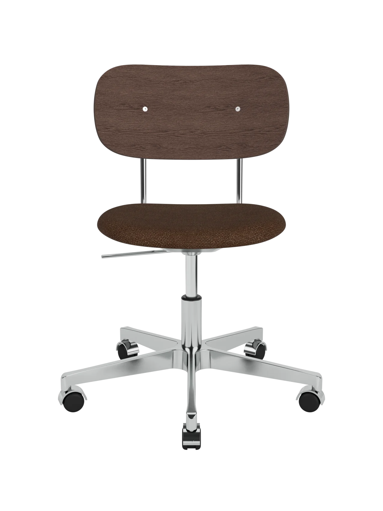 Dark stained oak and brown bouclé Co Task Chair on a polished aluminium swivel base with five castors.