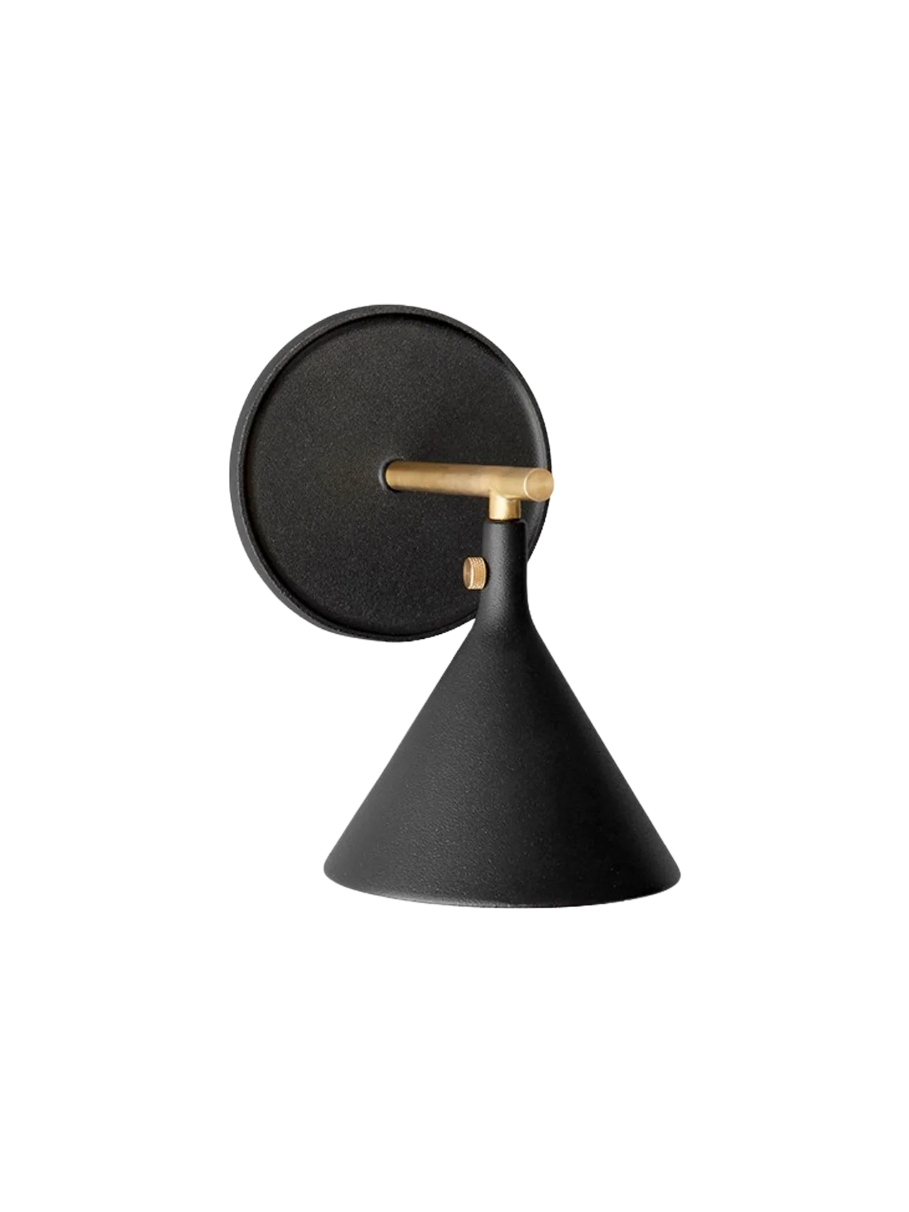 Side view of the black Cast Sconce Wall Lamp with Diffuser, IP44, featuring a conical shade and a contrasting brass fixture.