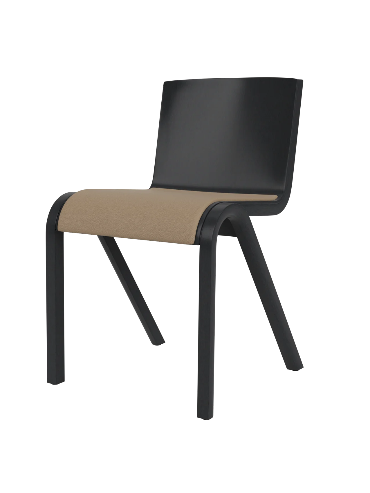 Black painted oak Ready Dining Chair with a tan Sierra leather upholstered seat and cantilevered frame.