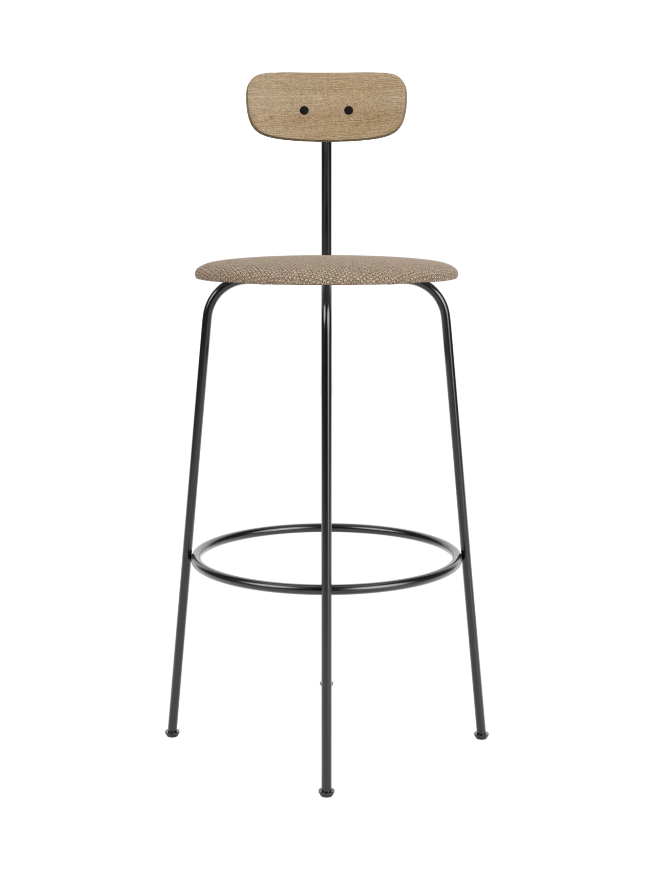 Afteroom Bar Chair with a black steel frame, natural oak backrest and Logan Flint upholstered seat.