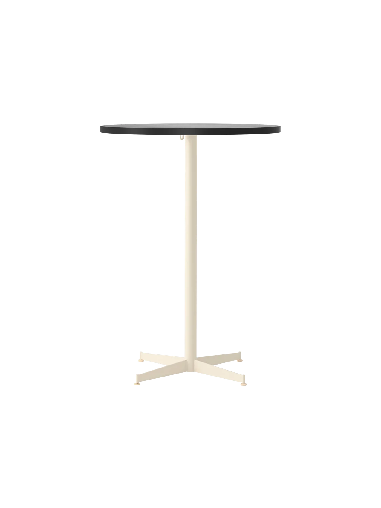 Front view of the Nook Bar Table, with a charcoal linoleum round tabletop and a powder-coated steel base in ivory.