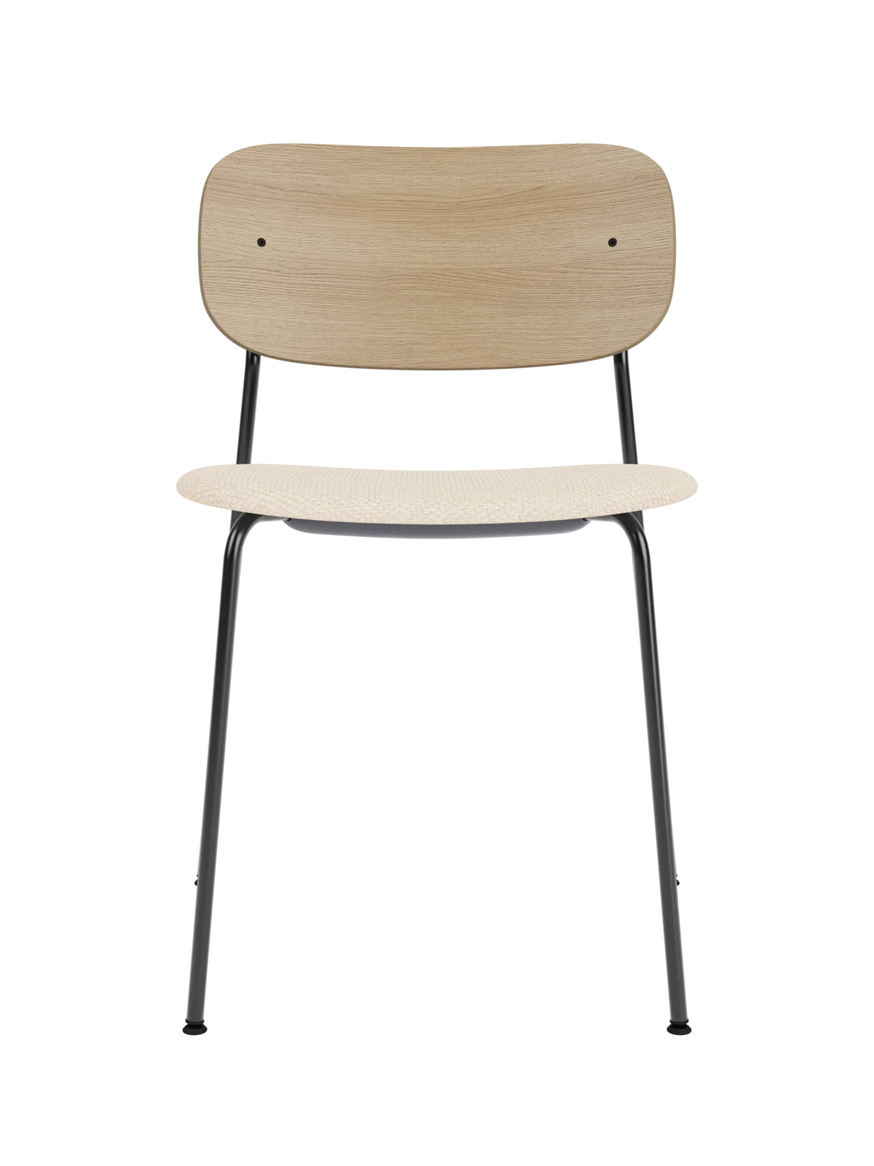Co Dining Chair with a black steel frame, natural oak backrest and beige Logan Jasmine upholstered seat.