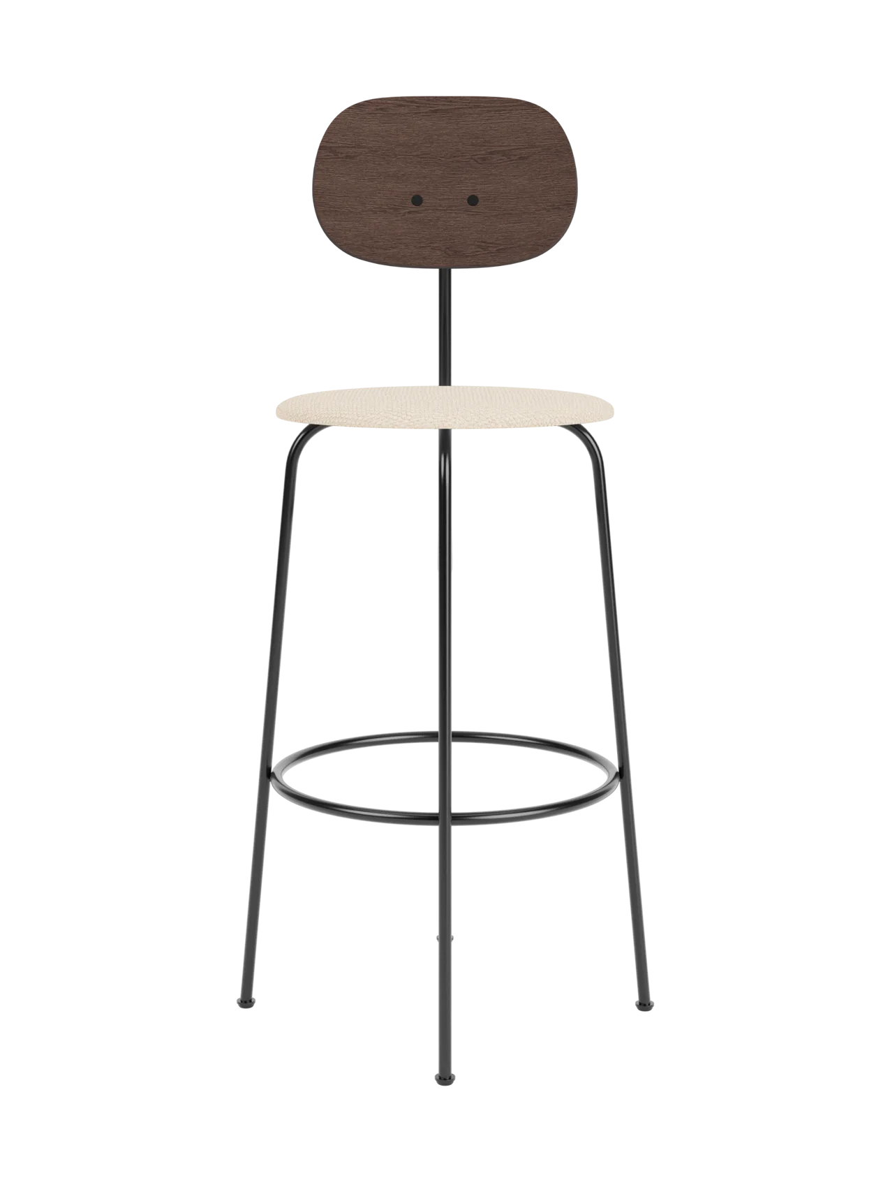 Afteroom Bar Chair Plus with a dark stained oak backrest and Logan Jasmine upholstered seat on a slim black metal frame.