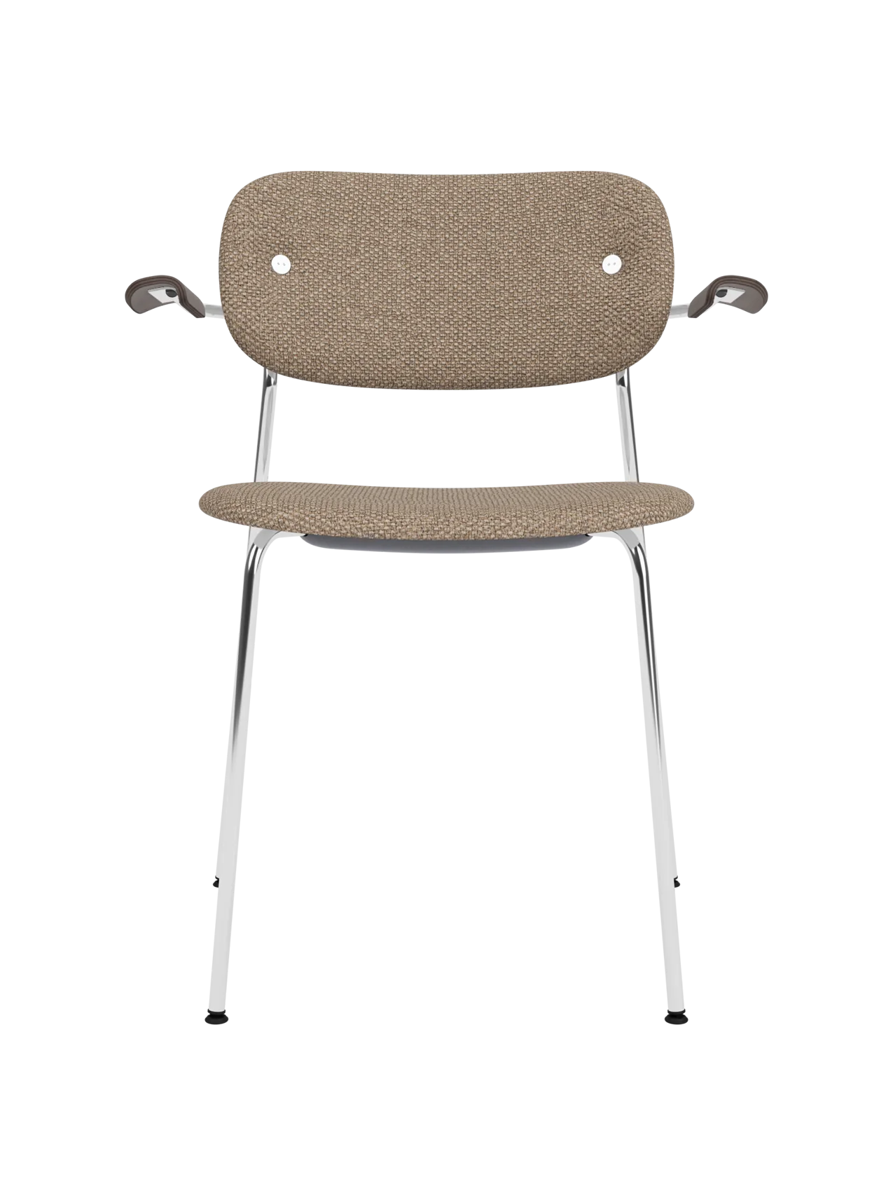 Fully upholstered Co Dining Chair with a chrome frame, dark stained oak armrests and textured Logan Flint fabric.