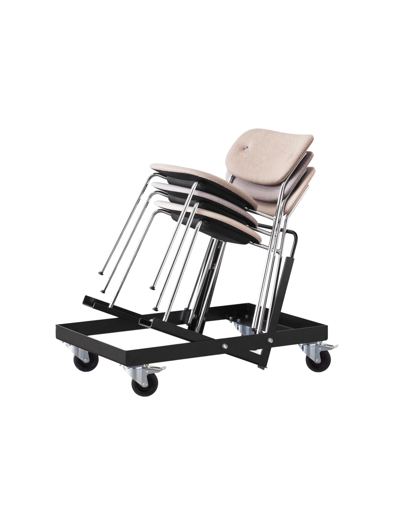A black metal chair trolley on wheels, holding a stack of five chairs with chrome legs and light beige upholstered backrests.