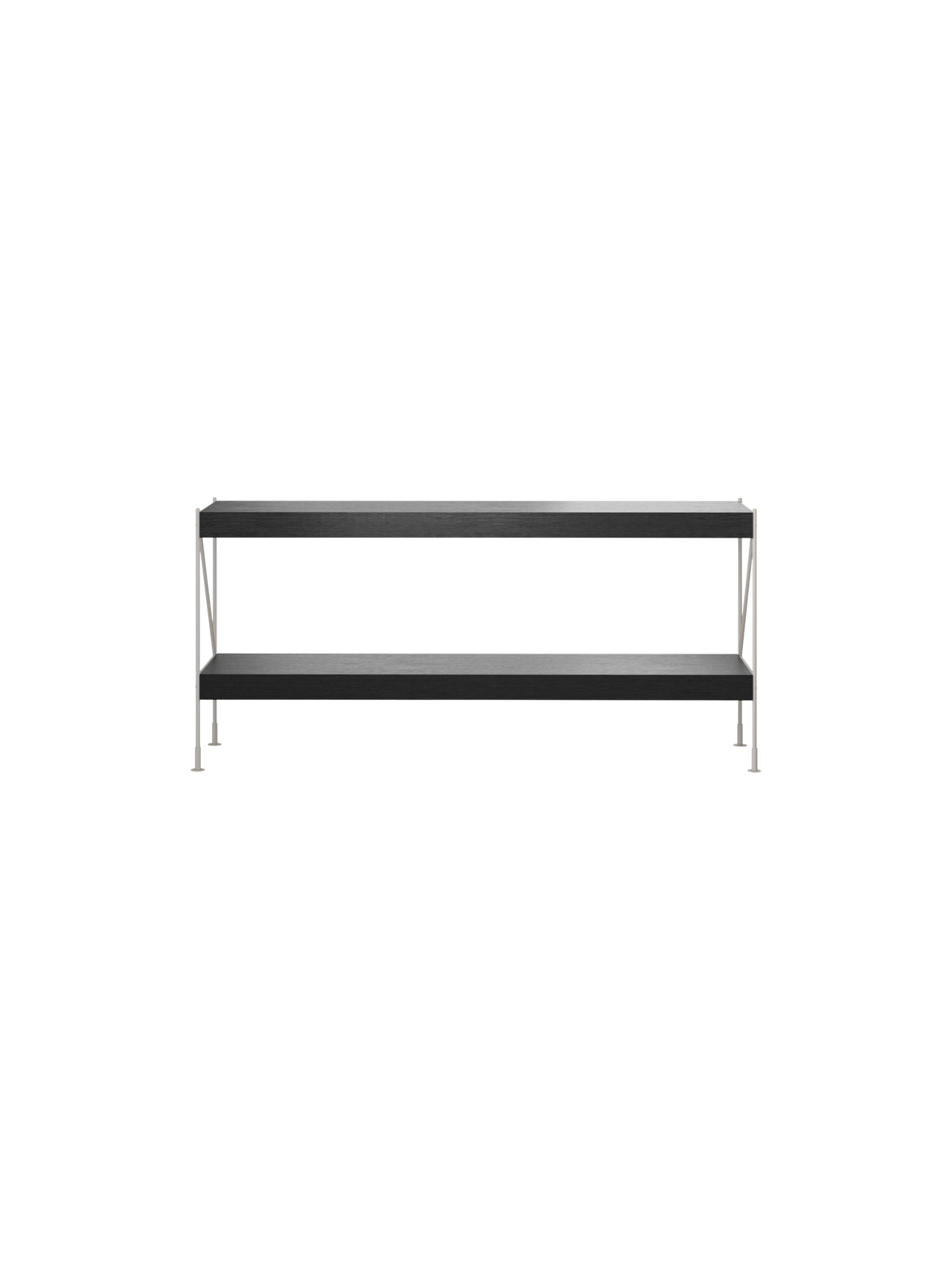 Front view of the Zet Storage System, a two-tier shelving unit with black oak shelves and an ivory steel frame.