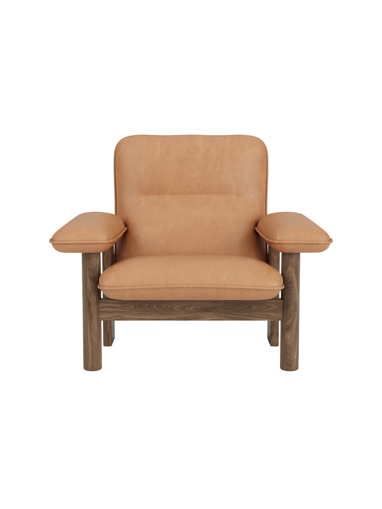 Front view of the Brasilia Lounge Chair in walnut with plush, camel leather upholstery, shown against a black background.