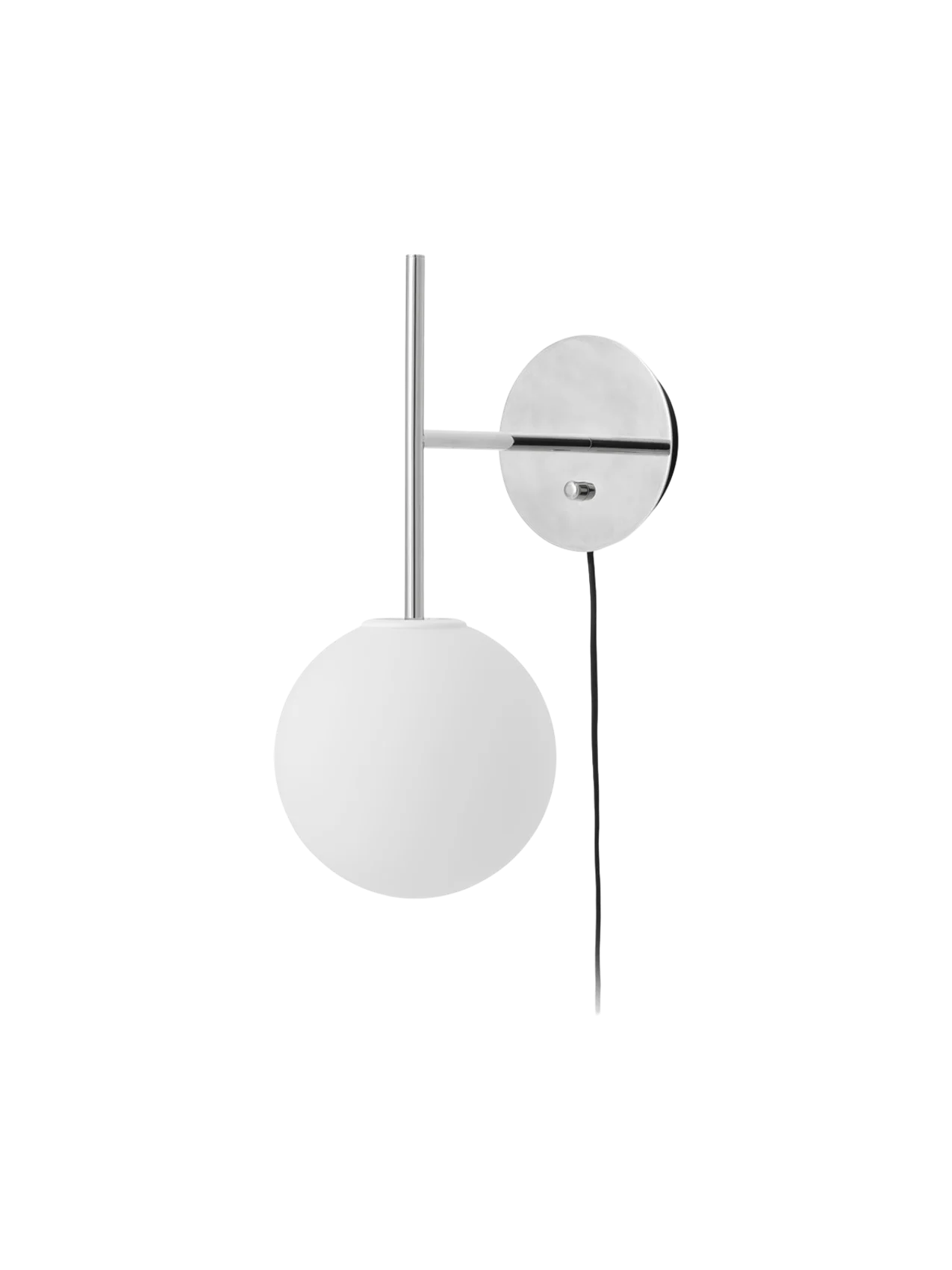 TR Bulb Suspended Wall Lamp in polished steel with a white opal glass globe, circular wall mount, and black cord.