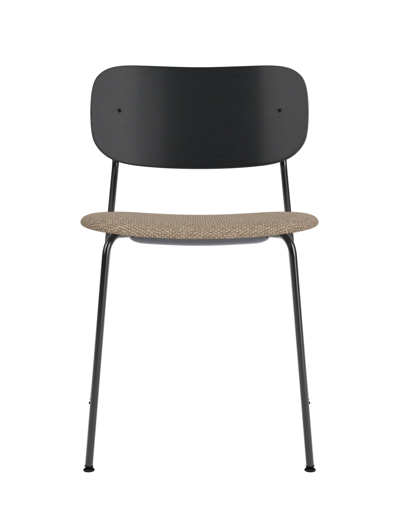 Black Co Dining Chair with a wide oak backrest and textured Logan Flint upholstered seat on a slender steel frame.