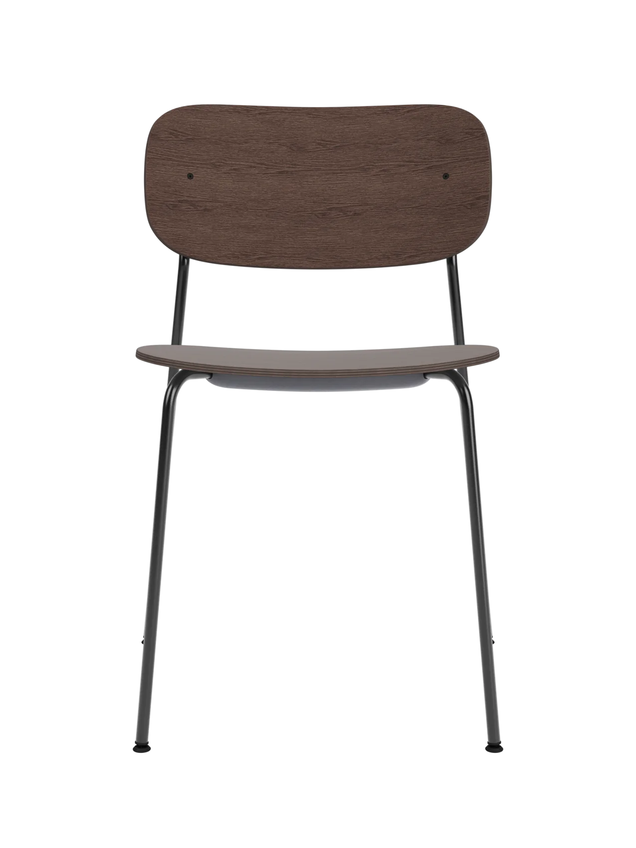 Co Dining Chair with black steel frame and dark stained oak veneer seat and backrest on a white background.