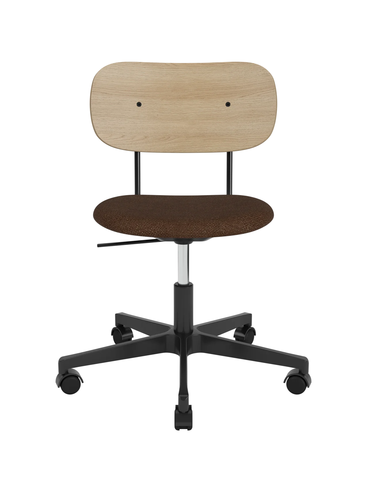 Co Task Chair with a brown bouclé upholstered seat, natural oak backrest and a black five-star base with castors.