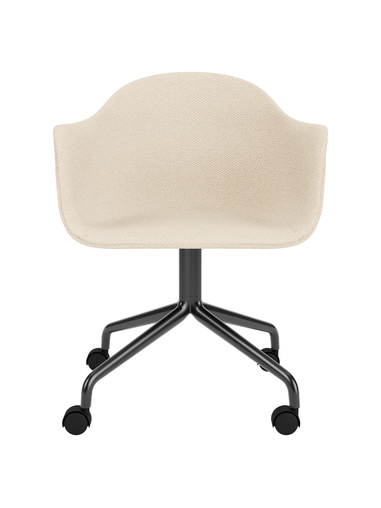 Harbour Dining Chair featuring Logan Jasmine upholstery and a black powder-coated star base with casters.