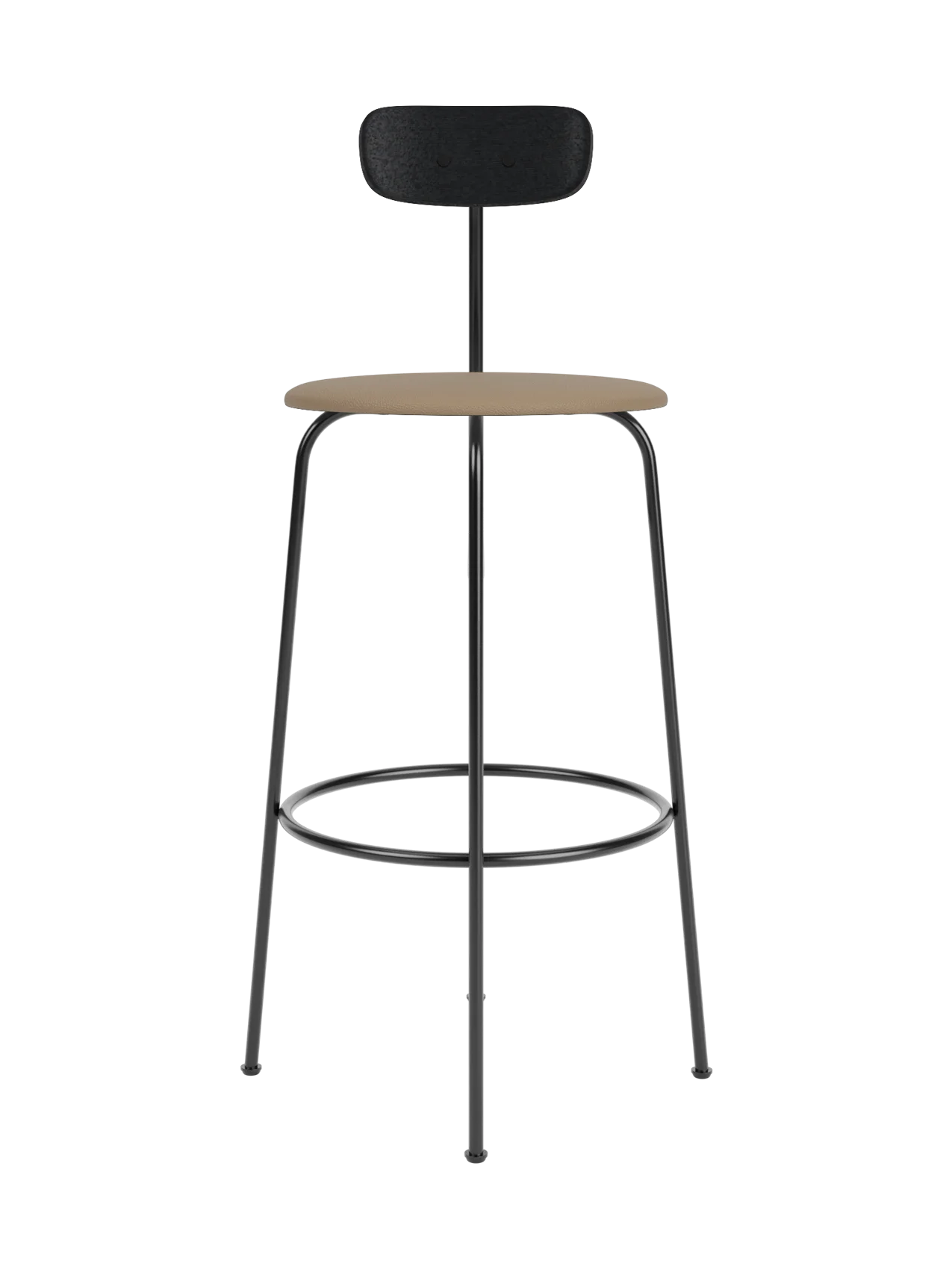 Afteroom Bar Chair featuring a black steel frame, tan leather upholstered seat and a black painted oak backrest.