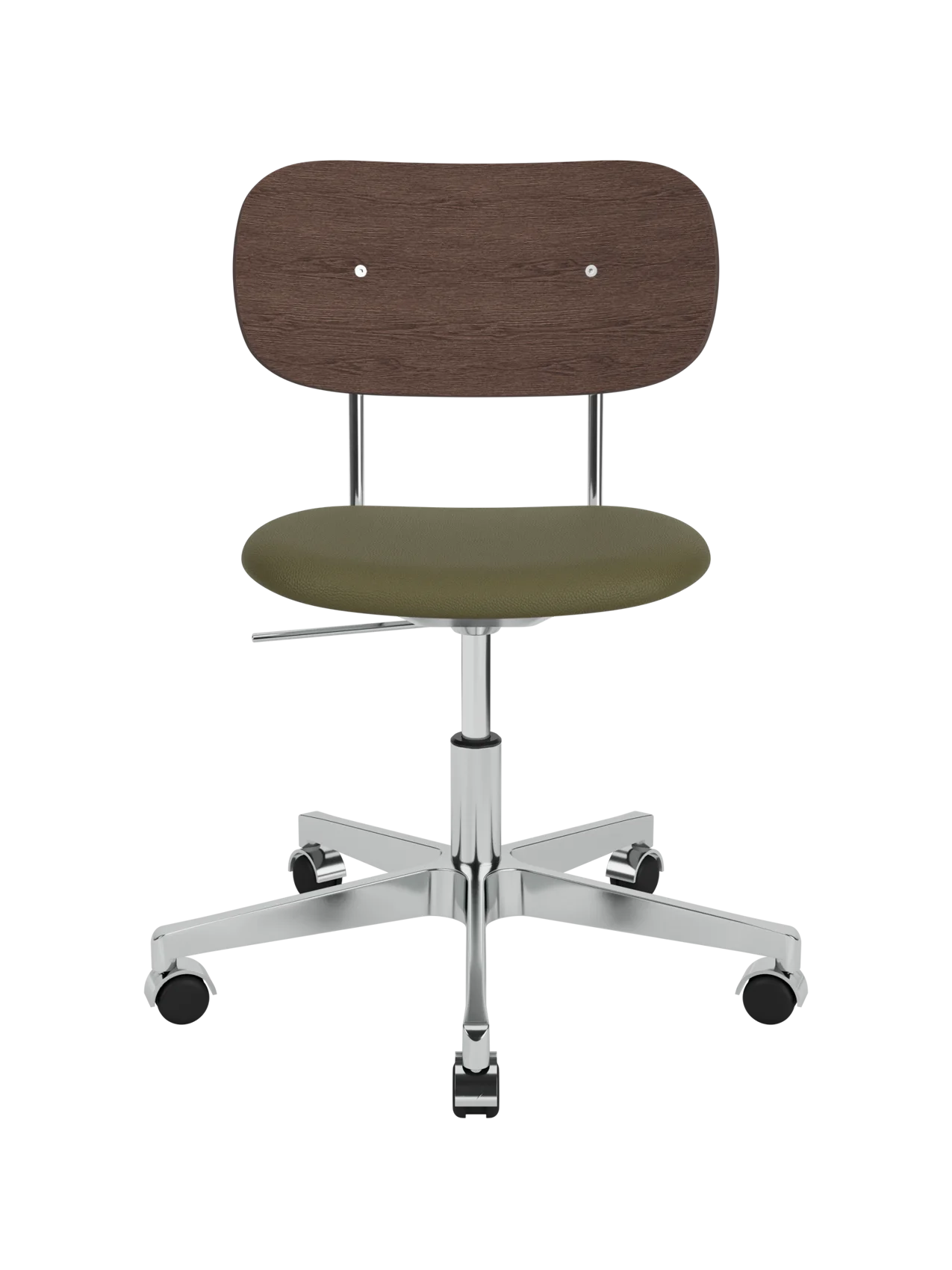Co Task Chair with dark stained oak backrest, olive green upholstered seat and polished aluminium swivel base with castors.