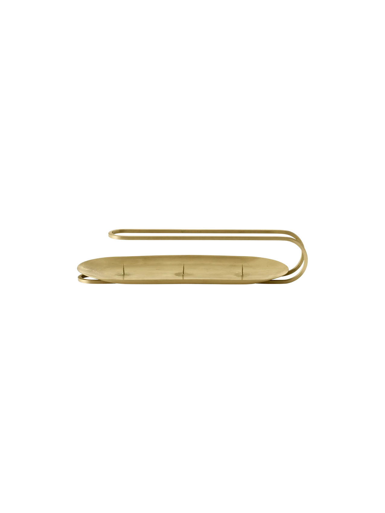 Front view of the brass Clip Candle Holder, a 3-arm design with an oval base and a curved handle, against a black background.