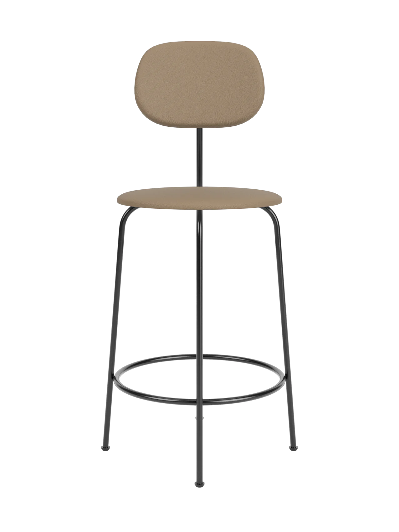 Afteroom Counter Chair Plus, featuring light brown upholstered seat and backrest on a thin black metal frame.